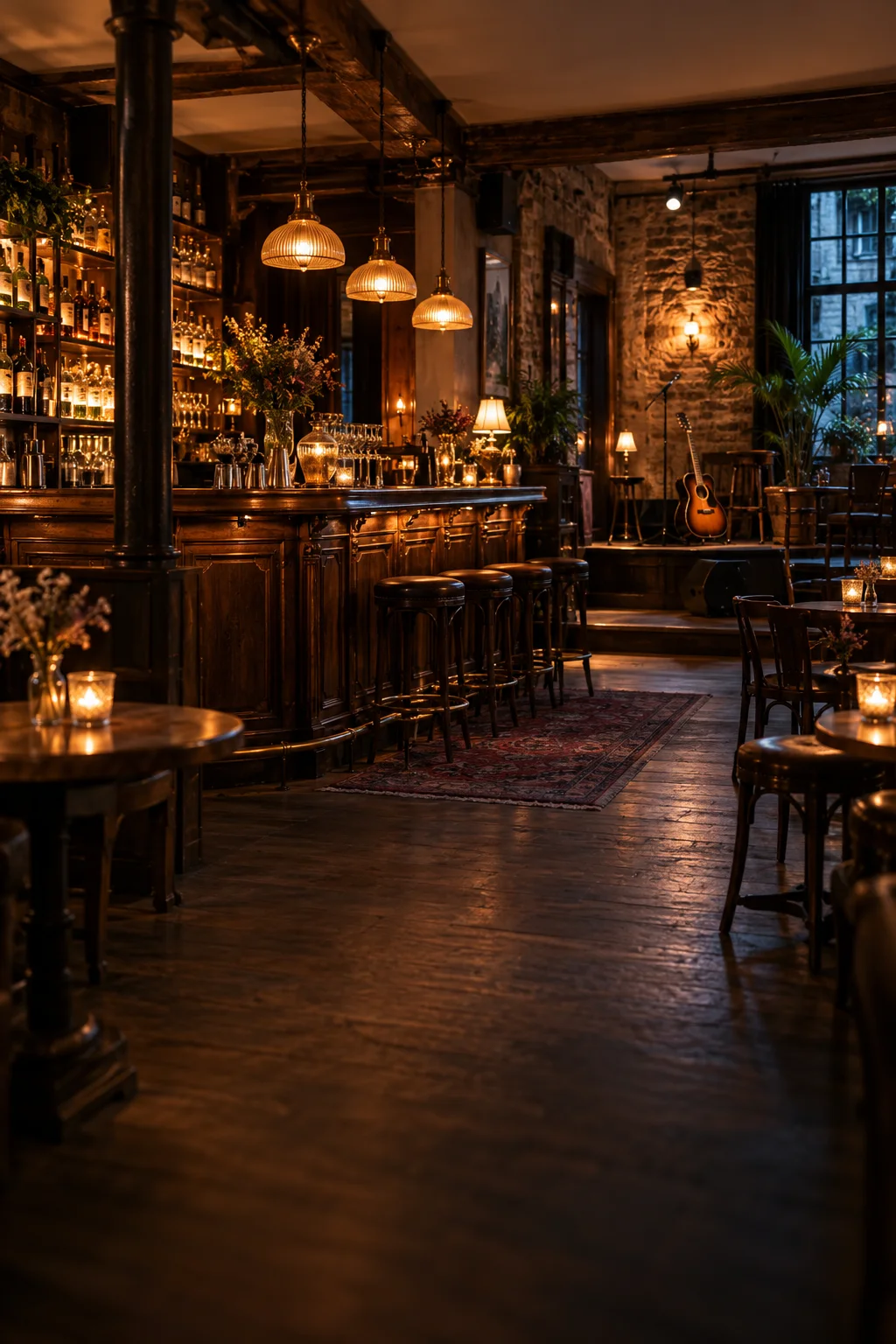 L’intérieur chaleureux d’un pub musical, avec un bar en bois et une petite scène