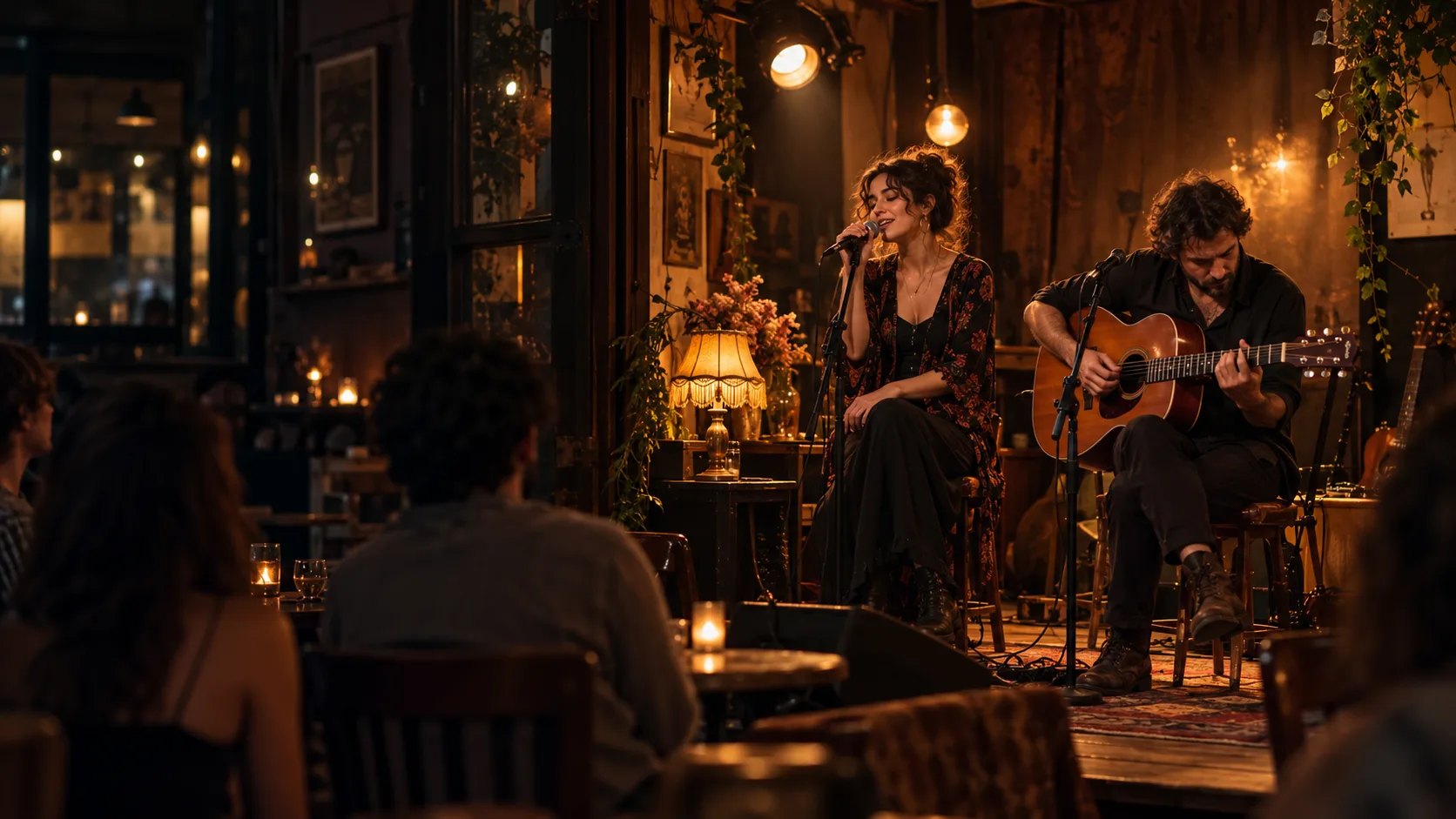 Une chanteuse et un guitariste partagent un concert dans un café chaleureux